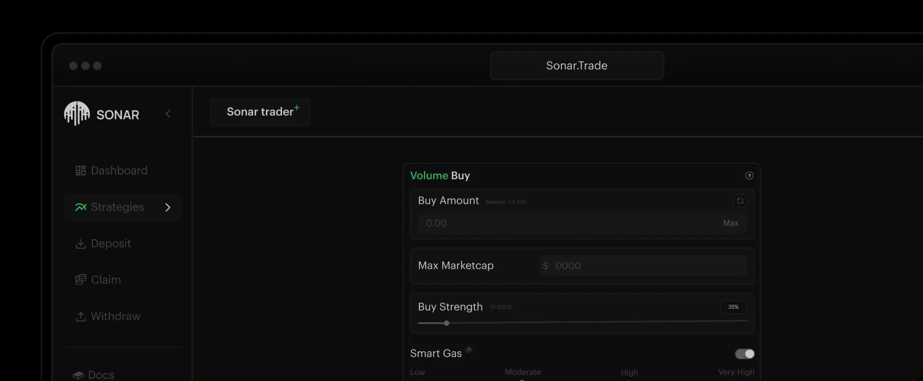 Sonar dashboard showing strategy controls for instant pivoting